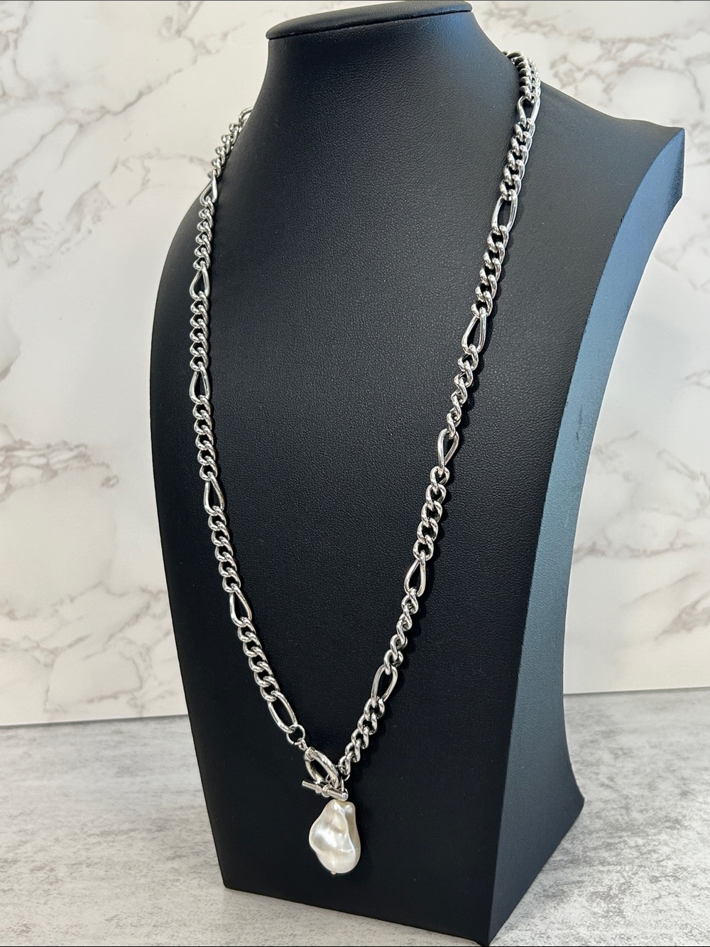Silver Chain Necklace with Faux Baroque Pearl Pendant